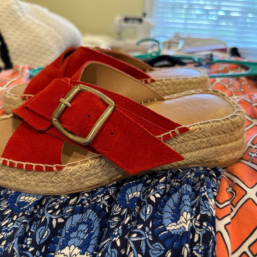 Anthropologie Red Espadrille Sandals with Silver Buckle